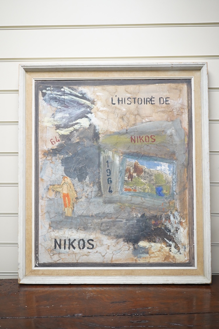 After Nikos, oil on board, Abstract, L'Histoire Ee Nikos, 58 x 49cm. Condition - good, some wear to frame